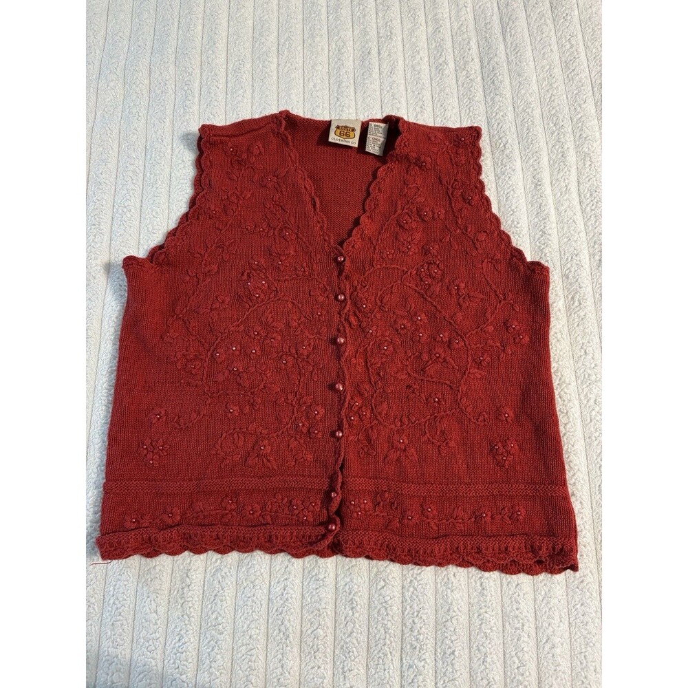 VTG Route 66 Sweater Vest Womens Large Red Cotton Beaded Floral Pearls Grandma